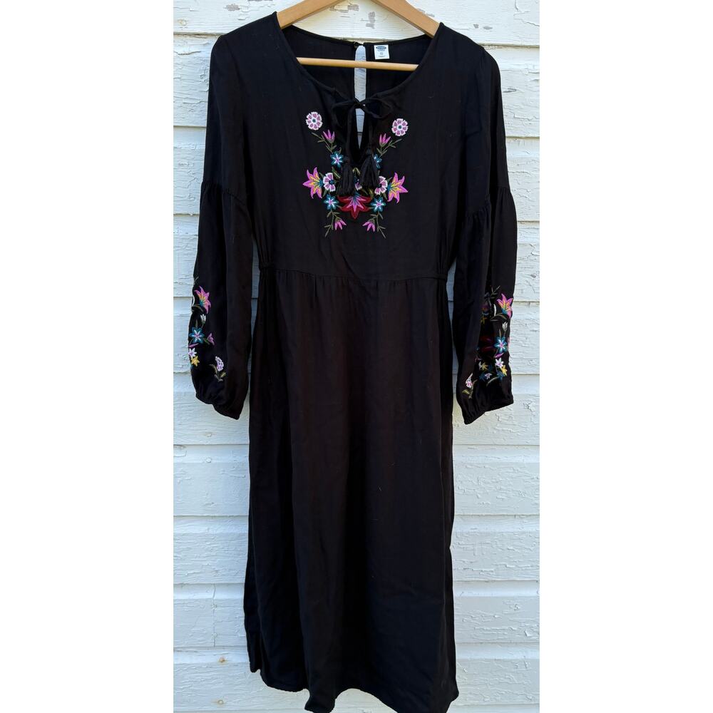 Old Navy Dress XS Black Midi Floral Embroidered Balloon Sleeve Milkmaid Boho